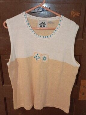VTG Storybook Knits Soft Yellow White Turquoise Stones Sweater Vest 1X